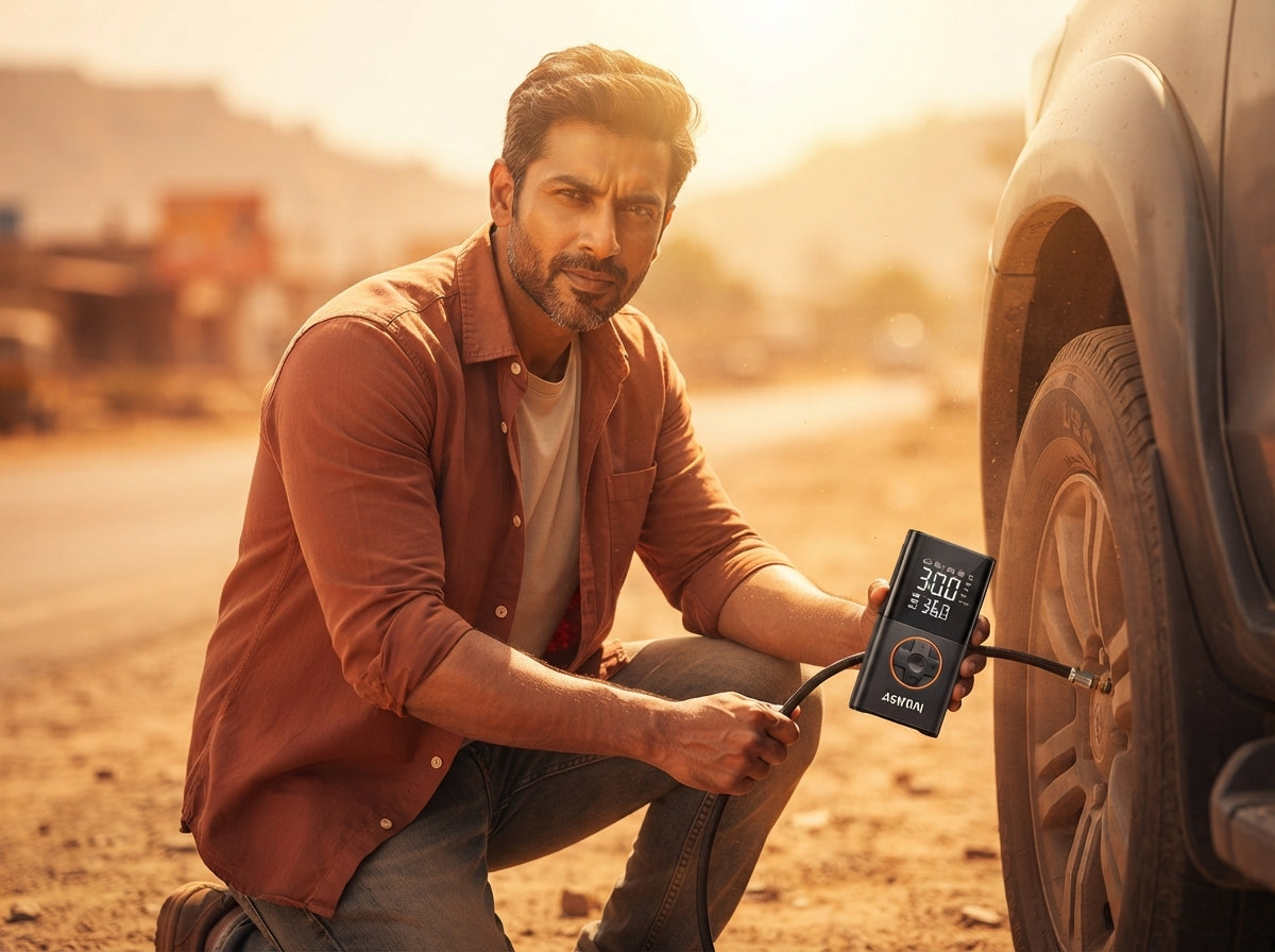 A South Asian man using an AstroAI cordless tire inflator on a large SUV tire in a hot, sunlit outdoor setting.