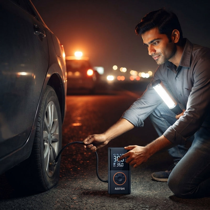 A South Asian man using an AstroAI cordless tire inflator on a car tire at night on the Yamuna Expressway.