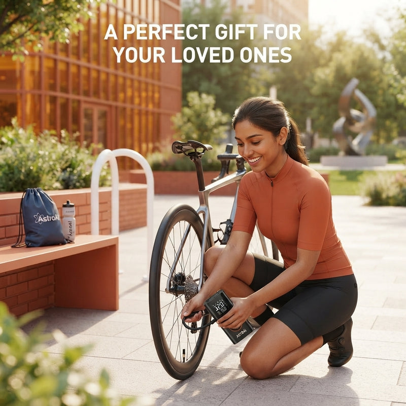 A South Asian cyclist uses a compact AstroAI cordless tire inflator on a bike wheel in a sunny urban park.