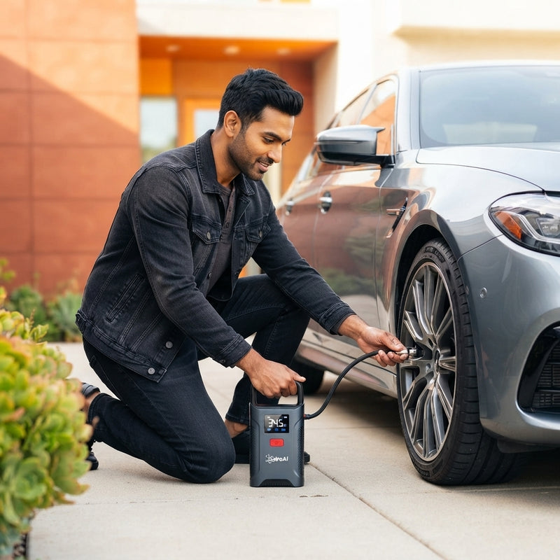 A South Asian man using a cordless tire inflator on his sedan wheel in a modern, sunlit driveway.