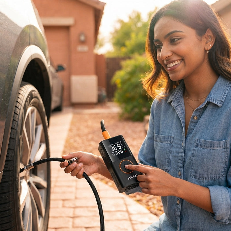 South Asian woman using an AstroAI cordless tire inflator on a car tire in a sunlit driveway.